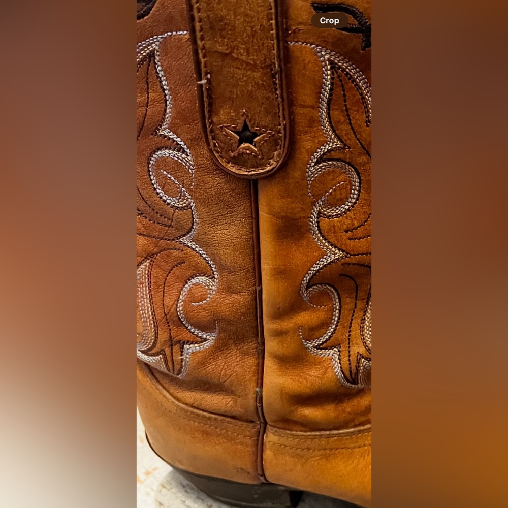 Tony Lama Two-Tone Tan and Dark Brown Western Heeled Cowboy Boots - Picture 14 of 14